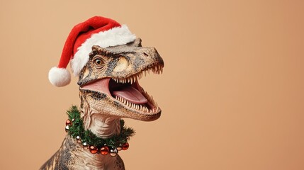 Fototapeta premium Festive dinosaur allosaurus wearing Santa hat and garland for Christmas