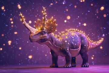 Christmas dinosaur with lit horns for holiday cheer