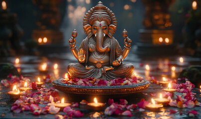 Fototapeta premium Golden Ganesh statue adorned with intricate patterns, seated on a plate with glowing candles, surrounded by vibrant petals on a dark marble surface....