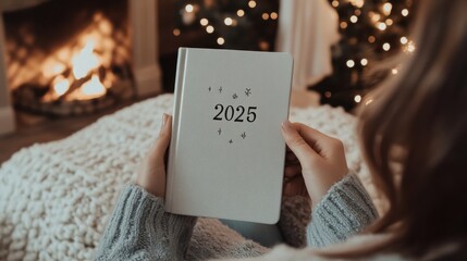 Cozy indoor setting with a person holding a 2025 planner near a warm fireplace during the winter holiday season