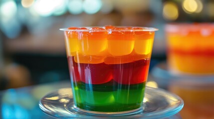 Colorful Layered Gelatin Dessert in Clear Cup