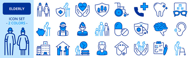 Icons in two colors about elderly