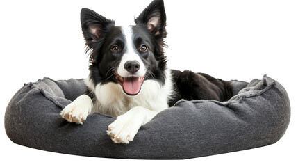 Border collie dog lying in a dog bed isolated on transparent or white background