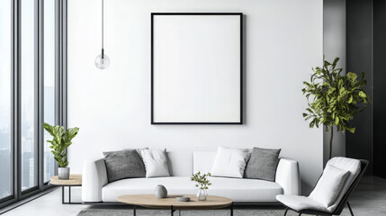 Modern Minimalist Living Room with White Sofa and City View: A Cozy Urban Space