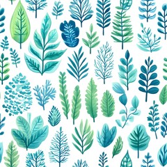 Fototapeta premium Watercolor Green and Blue Leaf Pattern Seamless Background