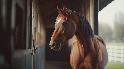 Fototapeta premium The horse stands confidently in its stable, bathed in warm afternoon light, exuding grace and tranquility while observing its surroundings