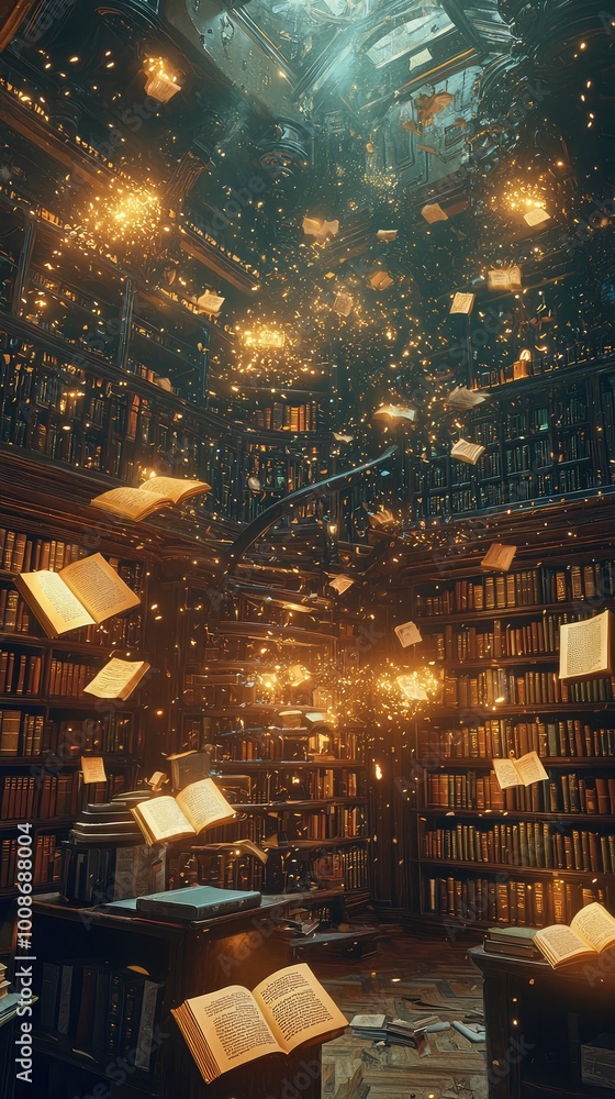 Poster an enchanting library filled with floating books and magical light, inviting exploration and discove