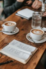 Two cups of latte on a wooden table with a notebook and water glass.