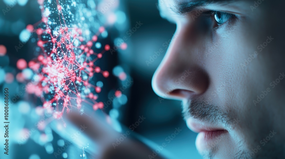 Poster a researcher analyzes data on a computer screen, with graphs and charts showing complex scientific f