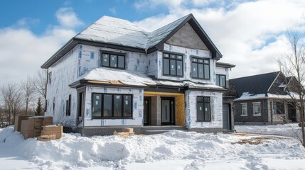 The house is actively being wrapped in insulation to prepare for cold weather, showcasing ongoing construction in a snowy residential area