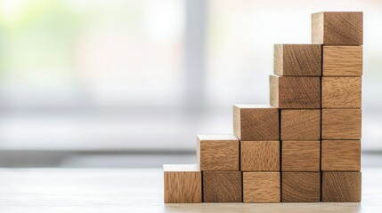 Fototapeta premium A stack of wooden blocks arranged in a staircase pattern, symbolizing growth and progress in a minimalist setting.