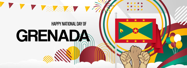 Grenada national or independence day modern banner with flag. Abstract art background for national holiday greeting card, sport and music event poster. Horizontal templates