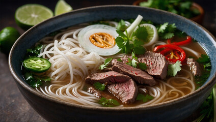 Bowl of Vietnamese pho with beef slices and herbs, releasing gentle steam under soft natural lighting.