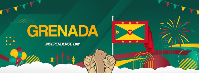 Grenada national or independence day modern banner with flag. Abstract art background for national holiday greeting card, sport and music event poster. Horizontal templates