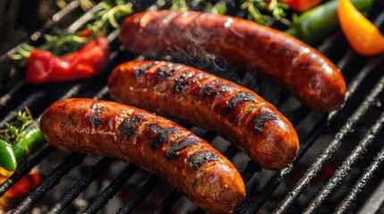 Grilled Sausages on Barbecue with Fresh Veggies
