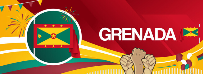 Grenada national or independence day modern banner with flag. Abstract art background for national holiday greeting card, sport and music event poster. Horizontal templates