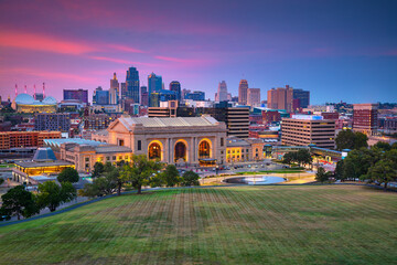 Kansas City, Missouri, USA. Aerial cityscape image of Kansas City skyline at twilight blue hour.