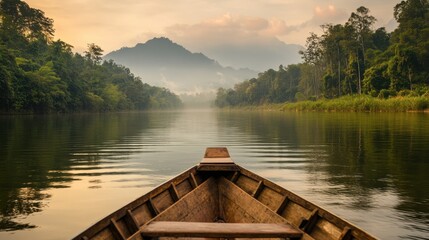 Naklejka premium A peaceful boat ride on the Nam Phong River, with scenic views of the surrounding landscapes and wildlife.