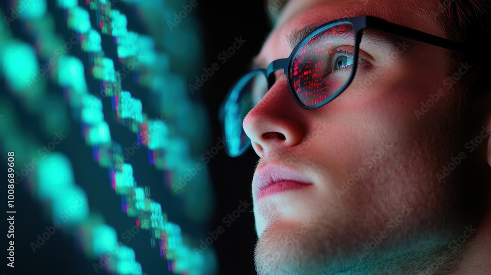 Poster a researcher analyzes dna sequences on a computer screen, using specialized software to identify mut