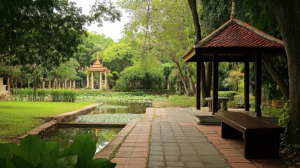 Fototapeta premium A peaceful day at Wat Pa Thamma Utthayan, known for its tranquil gardens and serene meditation spaces.