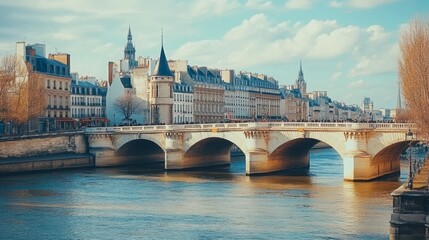 Obraz premium A picturesque view of the Seine River, with bridges and historic buildings lining the banks.