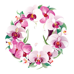 Beautiful pink and white orchid flower wreath arrangement on white background