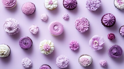 Top-down view of cupcakes with detailed floral frosting, surrounded by small blossoms on a pastel yellow background.