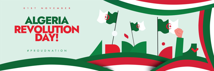 1st November Algerian day celebration cover banner with its flags, hand fists abstract art in flag colours. The day recalls start of the war of independence with France in 1954. Algeria Revolution Day