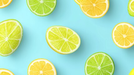Fototapeta premium Top-down view of lemon and lime slices overlapping slightly on a soft pastel blue background, in a minimalist vector style.