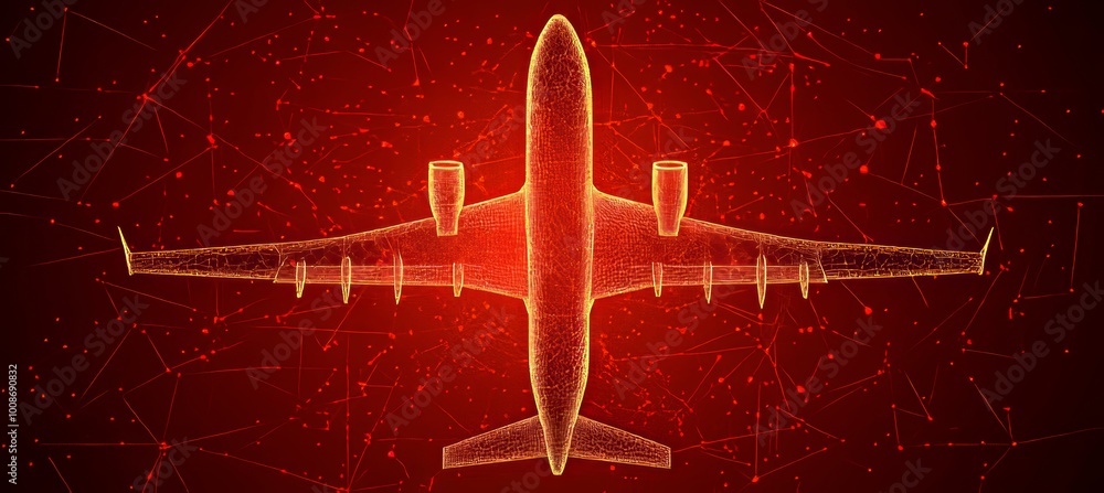 Poster Abstract Wireframe Airplane on Red Plexus Background Digital Aviation Technology Concept.