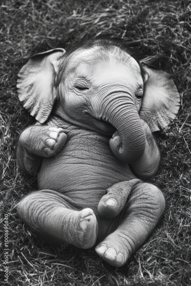 Sticker A sleeping baby elephant curled up in a cozy position, evoking tenderness and innocence.