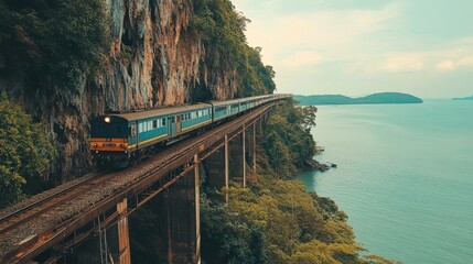 Fototapeta premium A scenic view of the railway bridge at Tham Krasae, with a train passing by the cliffside.