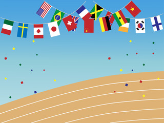 世界の国旗が飾られた運動会の競技場