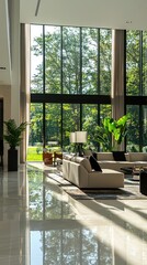 Fototapeta premium Bright and spacious living room featuring large windows, modern furniture, and lush indoor plants, inviting natural light indoors.