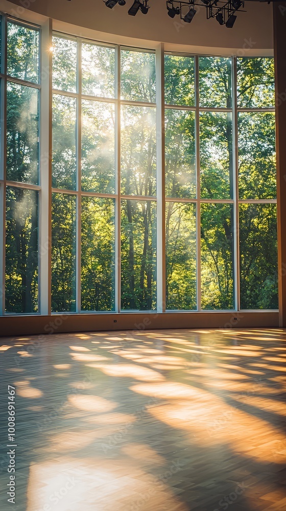 Poster bright serene space with large windows showcasing a lush forest view and beautiful light patterns on