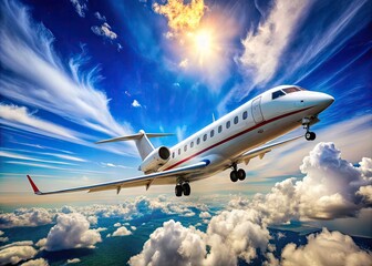 Sleek Canadair Regional Jet in Flight Against a Clear Blue Sky with Fluffy White Clouds Above