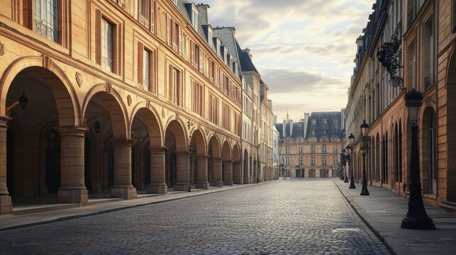 A street view of the Place des Vosges, Paris oldest planned square, with its beautiful arcades.