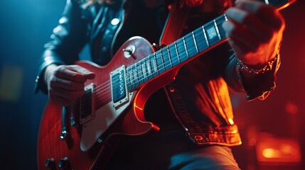 Close-up of a guitarist's hands playing an electric guitar on stage with colorful lighting.