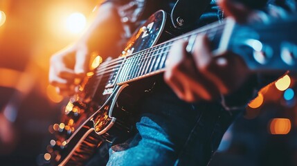 Obraz premium Close-up of a guitarist's hands playing a black electric guitar on stage, lit by stage lights.