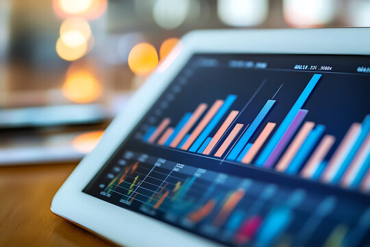 A close-up of a tablet displaying financial graphs.
