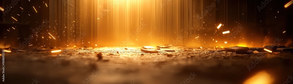 Poster a captivating scene with glowing golden light and scattered particles, creating a mystical atmospher