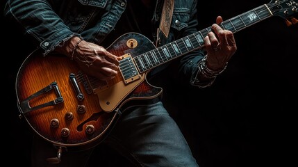 Obraz premium Close-up of a man's hands playing a sunburst electric guitar against a black background.