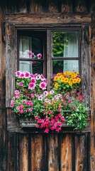 Charming window adorned with vibrant flowers, showcasing the beauty of nature against a rustic wooden backdrop.