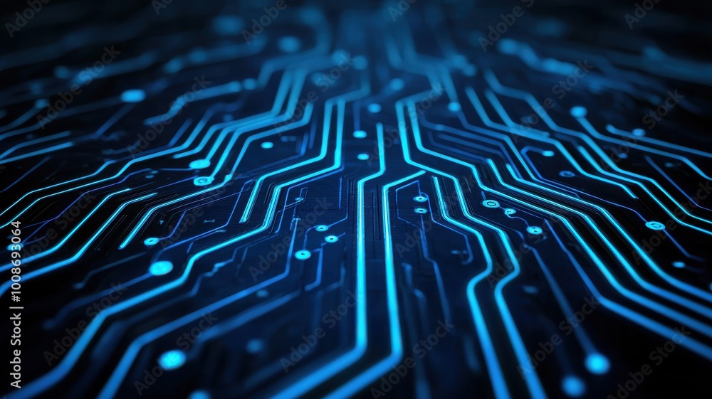Poster a close-up view of intricate blue circuit patterns, showcasing technology and digital connectivity i