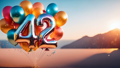 Banner with number 42 colorful balloons with copy space