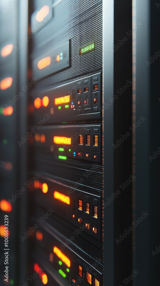 Poster close-up of a data center server with illuminated buttons and lights, showcasing the complexity of m