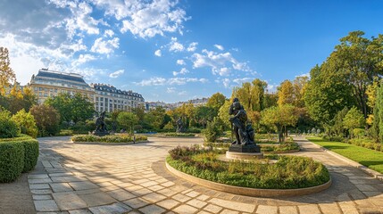 Fototapeta premium A wide-angle view of the Muse Rodin, surrounded by its beautiful gardens and sculptures.