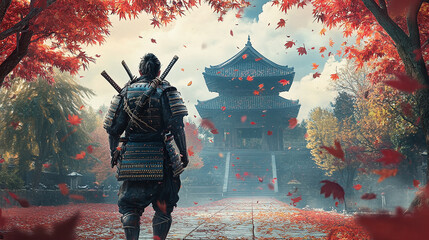 Rear view of a samurai warrior in armor walking towards a Japanese temple under falling red leaves