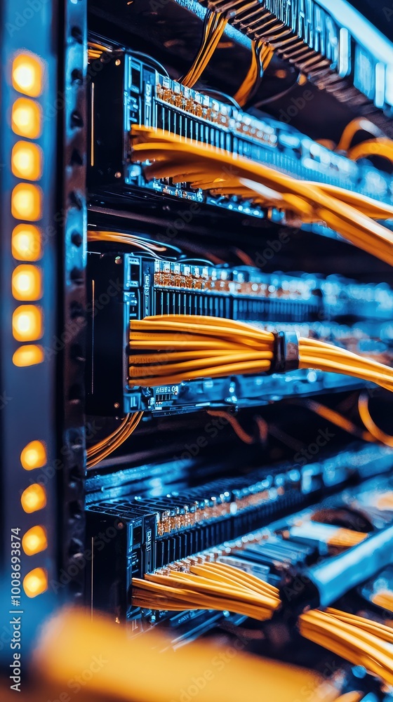 Poster close-up of a server rack showcasing vibrant orange cables and advanced technology for data storage 