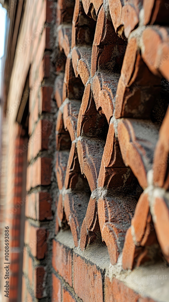 Poster close-up of a unique brick wall with intricate patterns, showcasing a blend of texture and architect